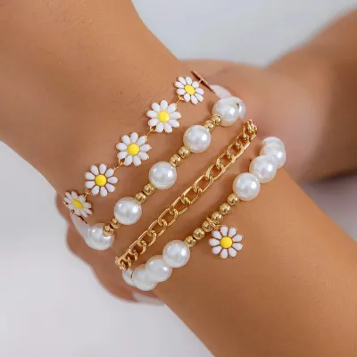 Stylish Mini Beaded & Pearl Chain Daisy Bracelets (4 pcs)